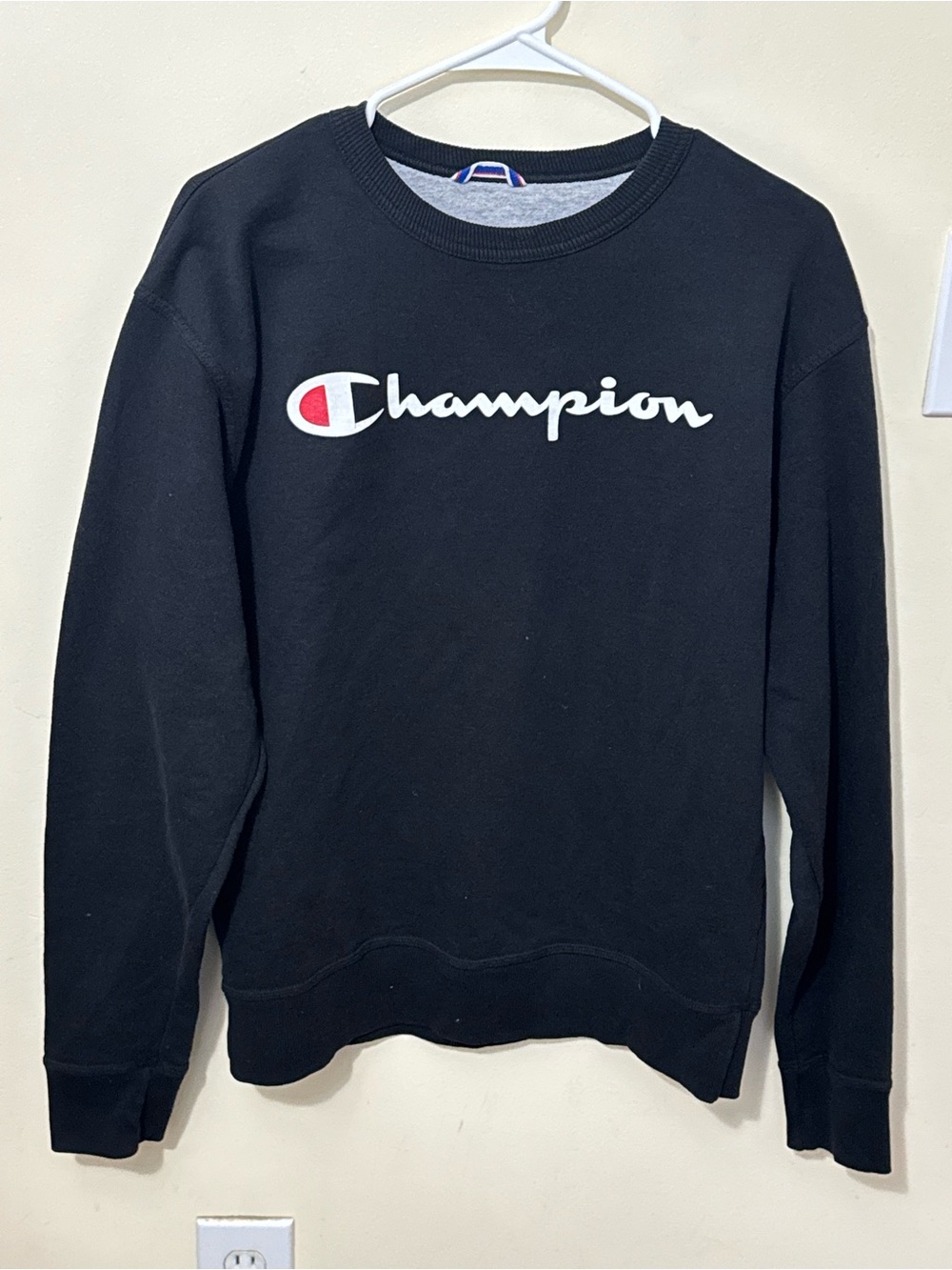 Champion Black Crewneck Sweatshirt with White Script and Red Logo